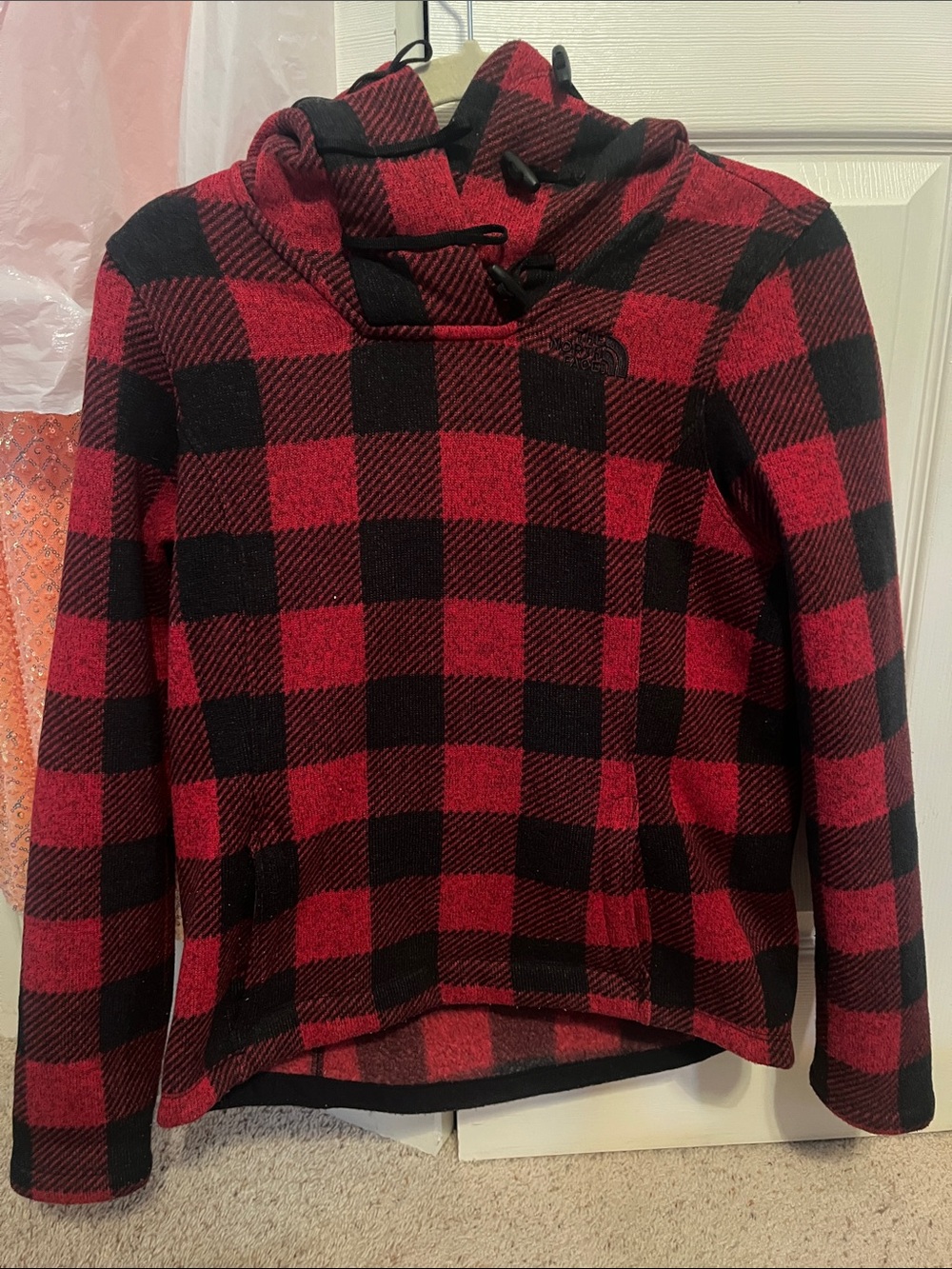 The North Face Red and Black Buffalo Plaid Hooded Pullover